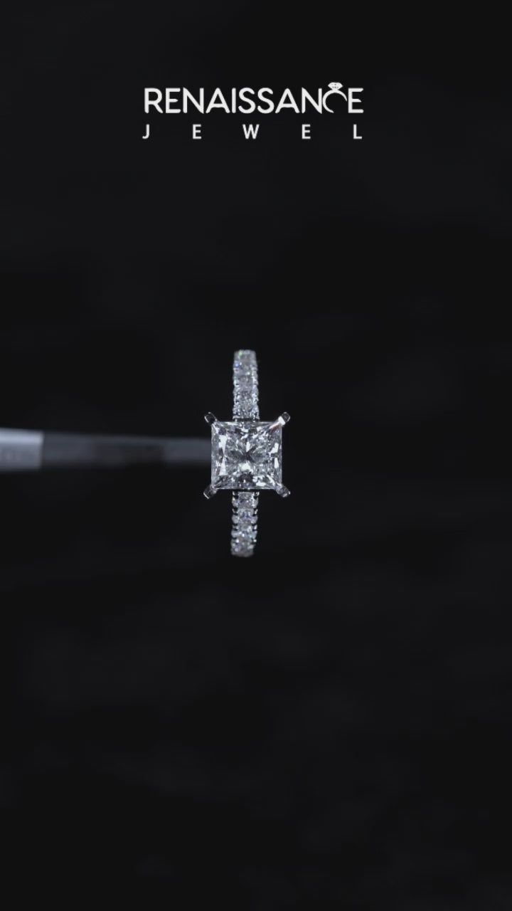 Silver Princess Cut Diamond Solitaire with Pave Band and Four-Prong Setting 5