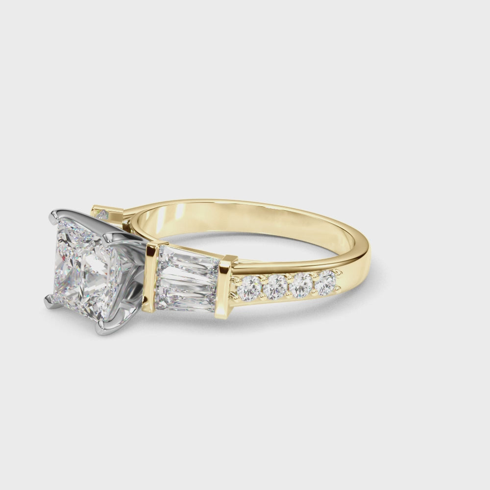 Yellow gold Princess Solitaire Baguette Side Stone Channel Set Engagement Ring 3