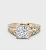 Yellow gold Princess Cut Diamond Solitaire Engagement Ring with Split Shank Pavé Band
