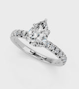 Silver Pear Solitaire Pave Diamond Engagement Ring with Four-Prong Setting
