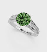 Silver Fancy Green Round Cut Diamond Solitaire Engagement Ring with Split Shank Pavé Band