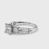 Silver Princess Cut Diamond Three-Stone Ring with Pavé Split Shank and Four-Prong Setting