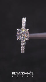 14K White Gold 1.02 Carat E VS1 Round Brilliant Pavé Band Solitaire with Four-Prong Setting