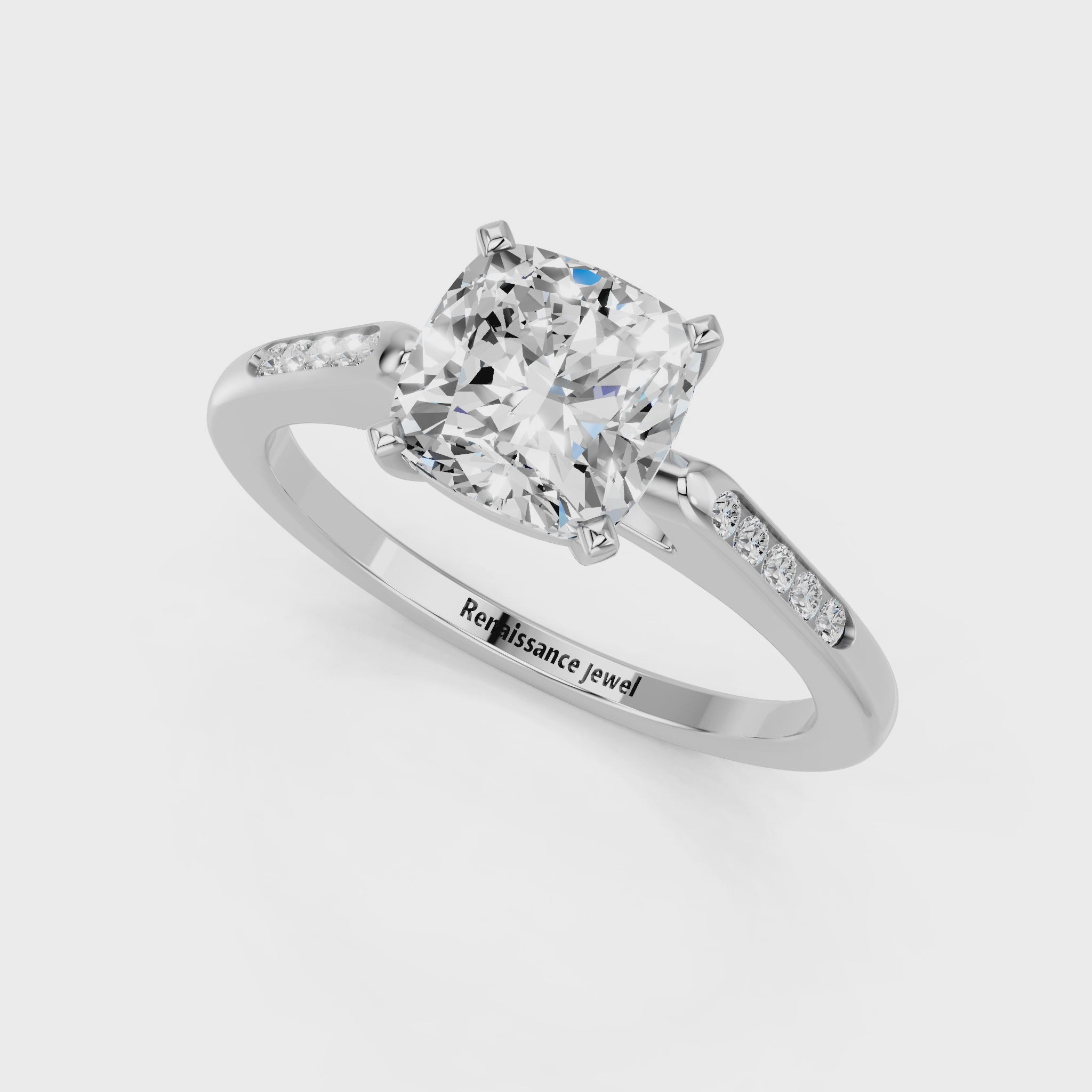 White gold Cushion Cut Channel Set Solitaire Engagement Ring with Four-Prong Setting_121