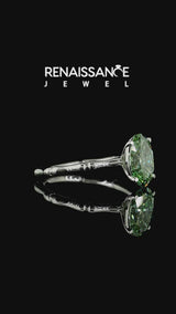 White gold Fancy Green Oval  Solitaire Diamond Ring with Bamboo Band and Four-Prong Setting