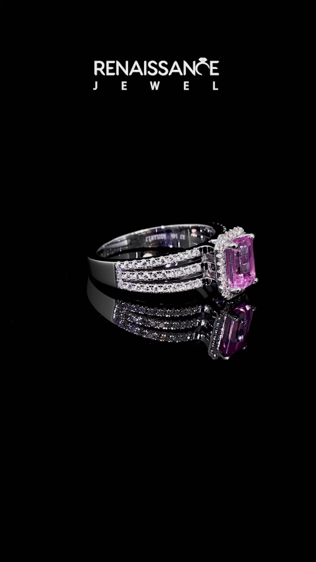 White gold Emerald Cut Pink Sapphire Halo Engagement Ring with Split Shank and Four-Prong Setting_15