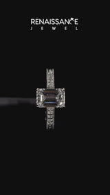 Silver Emerald Solitaire Pavé Diamond Milgrain Engagement Ring with Four-Prong Setting