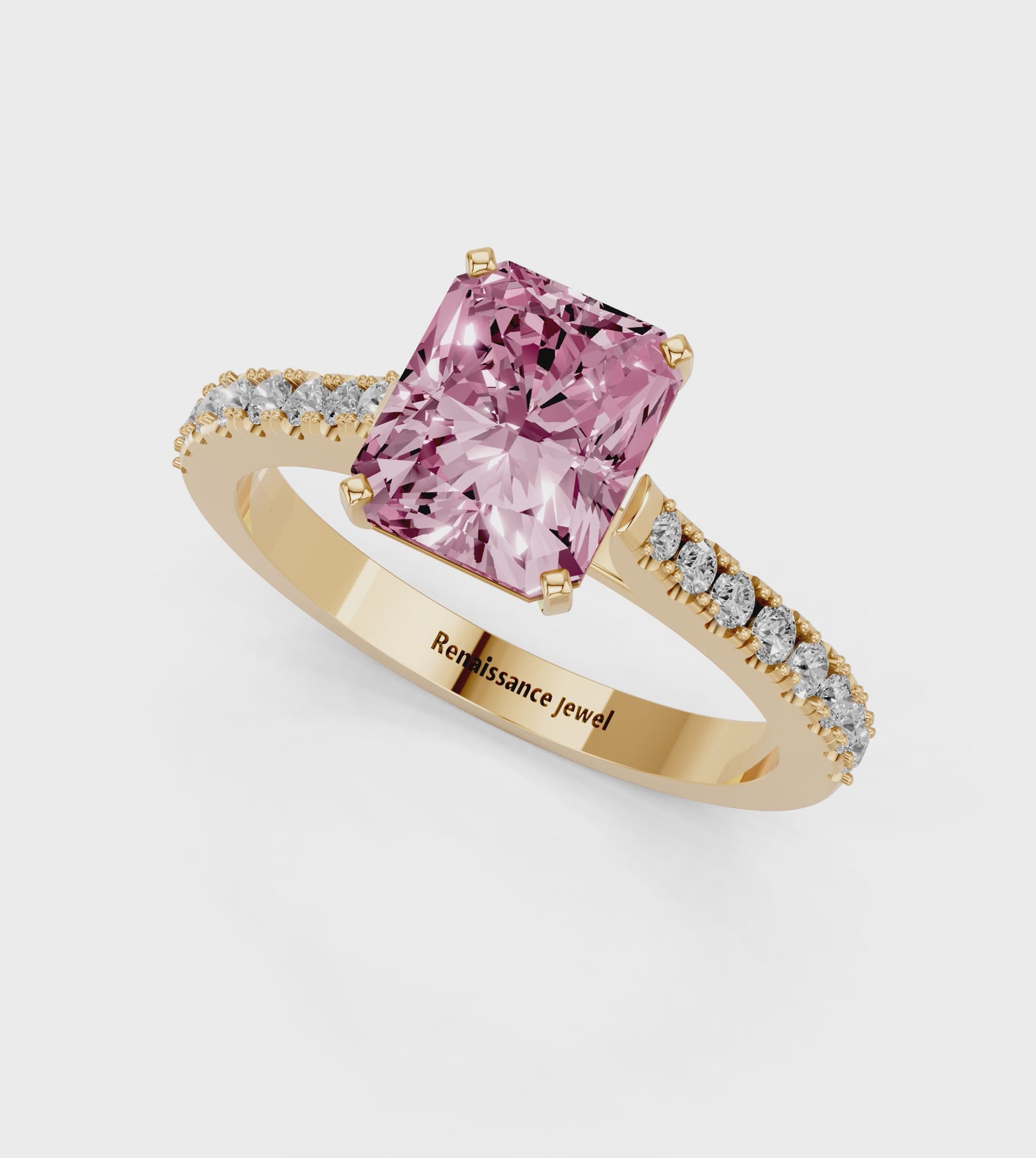 Yellow gold Fancy Pink Radiant  Cut Solitaire Diamond Engagement Ring with Pave Band and Four-Prong Setting_44