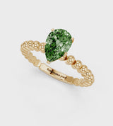 Yellow gold Fancy Green Pear Cut Diamond Solitaire Ring with Beaded Band and Prong Setting