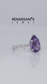 Silver Pear Cut Amethyst Side Stone Solitaire Ring with Round and Four-Prong Setting