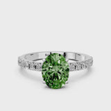 Platinum Fancy Green Oval Cut Diamond Solitaire Pavé Band with Four-Prong Setting