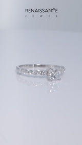 White gold Princess Cut Solitaire Diamond Ring with Pave Band and Four-Prong Setting