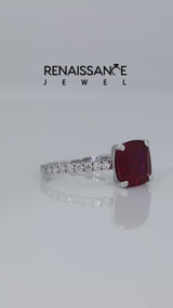 Silver Cushion Cut Ruby Pave Band Solitaire Ring with Round  and Prong Setting