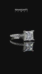 Silver Princess Cut Moissanite Solitaire Ring with Round  Pavé Band and Prong Setting