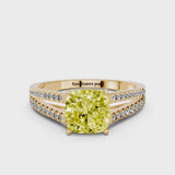 Yellow gold Fancy Yellow Cushion Cut Diamond Solitaire Engagement Ring with Split Shank Pavé Band