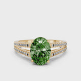 Yellow gold Fancy Green Oval Cut Diamond Solitaire Engagement Ring with Split Shank Pavé Band