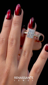 Yellow gold Radiant Cut Diamond Side Stone Solitaire Ring with Round  and Four-Prong Setting