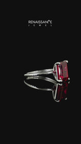 Silver Emerald Cut Ruby Solitaire Engagement Ring with Round Band and Four-Prong Setting