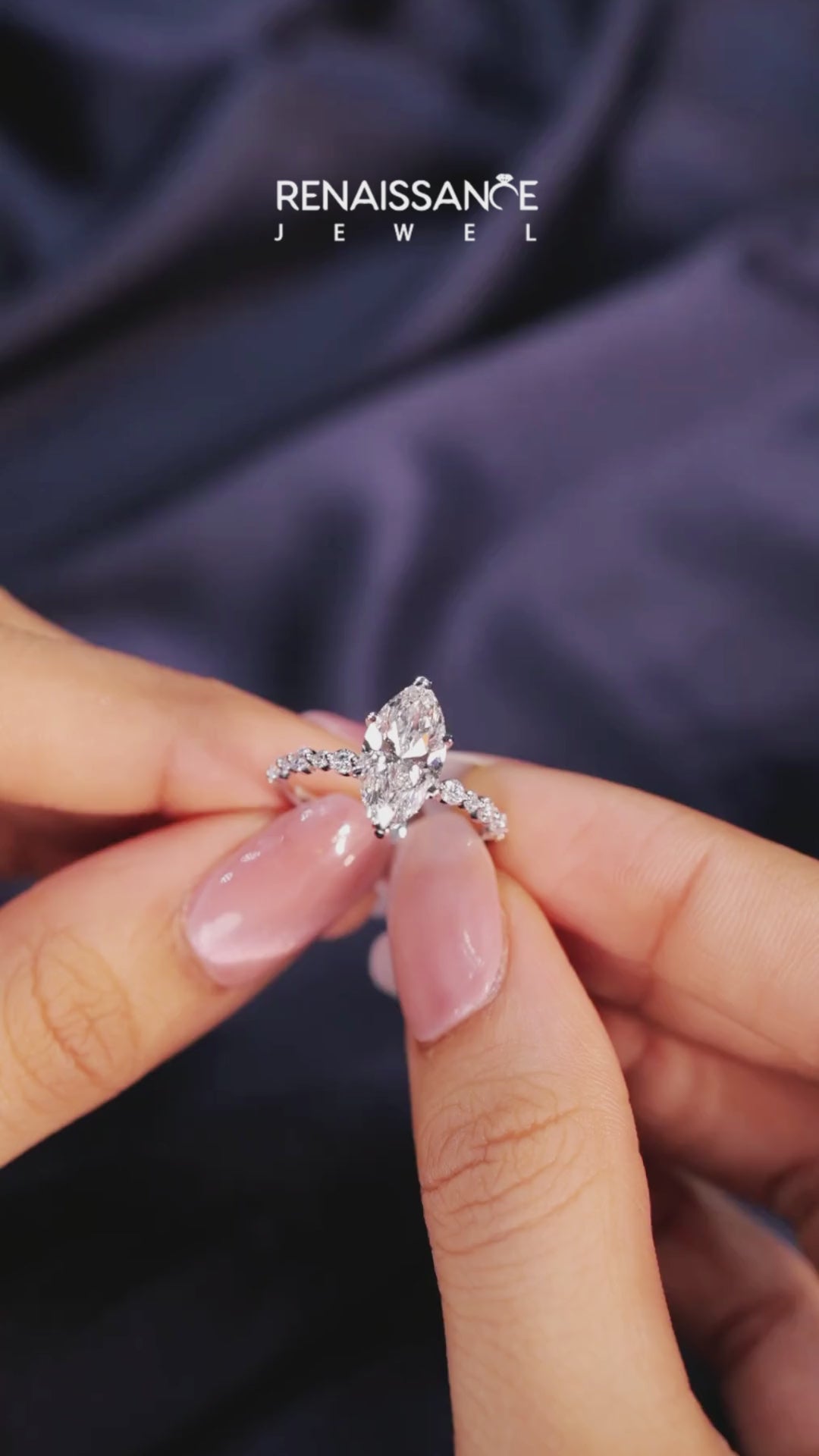 Silver Marquise Diamond Prong Set Engagement Ring with Pave Band 5