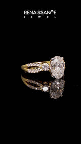 Yellow gold Oval Cut Diamond Three-Stone Ring with Pavé Split Shank and Four-Prong Setting