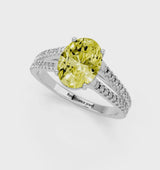 Platinum Fancy Yellow Oval Cut Diamond Solitaire Engagement Ring with Split Shank Pavé Band