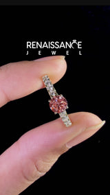 Yellow gold Fancy Pink Round Cut Diamond Solitaire Ring with Round  Pavé Band and Four-Prong Setting
