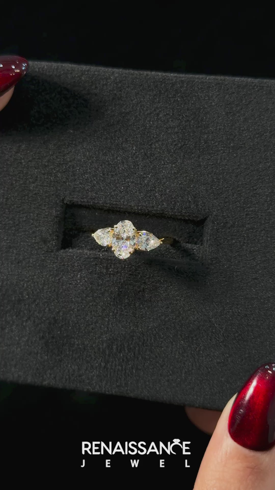 Yellow gold Three-Stone Oval Diamond Solitaire Ring with Pear Side Stones and Four-Prong Setting_22