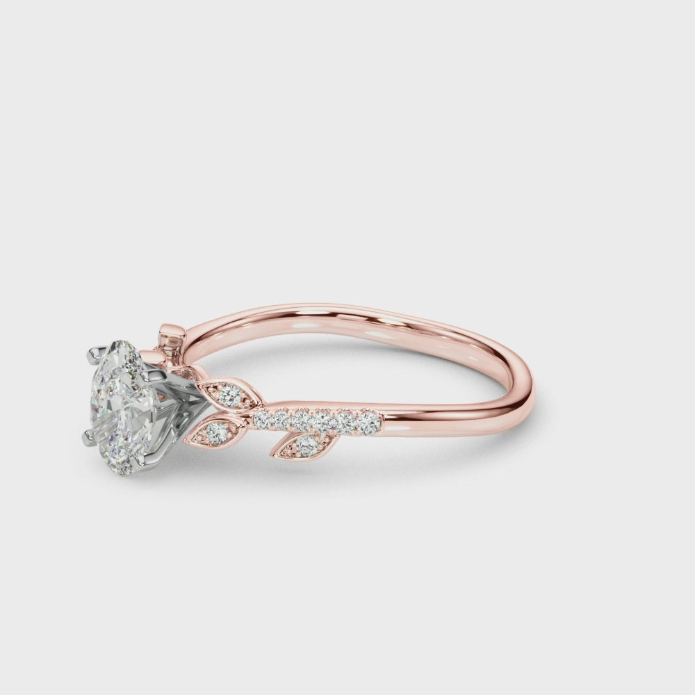 Rose gold Oval Solitaire Leaf-Inspired Diamond Ring with Pavé Band and Four-Prong Setting 3