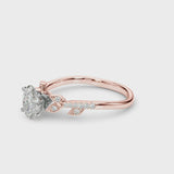 Rose gold Oval Solitaire Leaf-Inspired Diamond Ring with Pavé Band and Four-Prong Setting