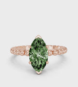 Rose gold Fancy Green Marquise Cut Diamond Solitaire Ring with Beaded Band and Prong Setting