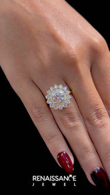 Yellow gold Round Halo Cluster Diamond Ring with Pave Band and Four-Prong Setting