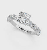 Platinum Cushion Cut Diamond Prong Setting with Side Stones on a Pave Band