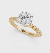 Yellow gold Round Cut Diamond Solitaire Ring with Beaded Band and Prong Setting