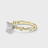 Yellow gold Emerald Solitaire Bezel-Set Diamond Ring with Beaded Band and Four-Prong Setting