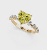 Yellow gold Fancy Yellow Heart Cut Solitaire Diamond Ring with Pave Band and Four-Prong Setting
