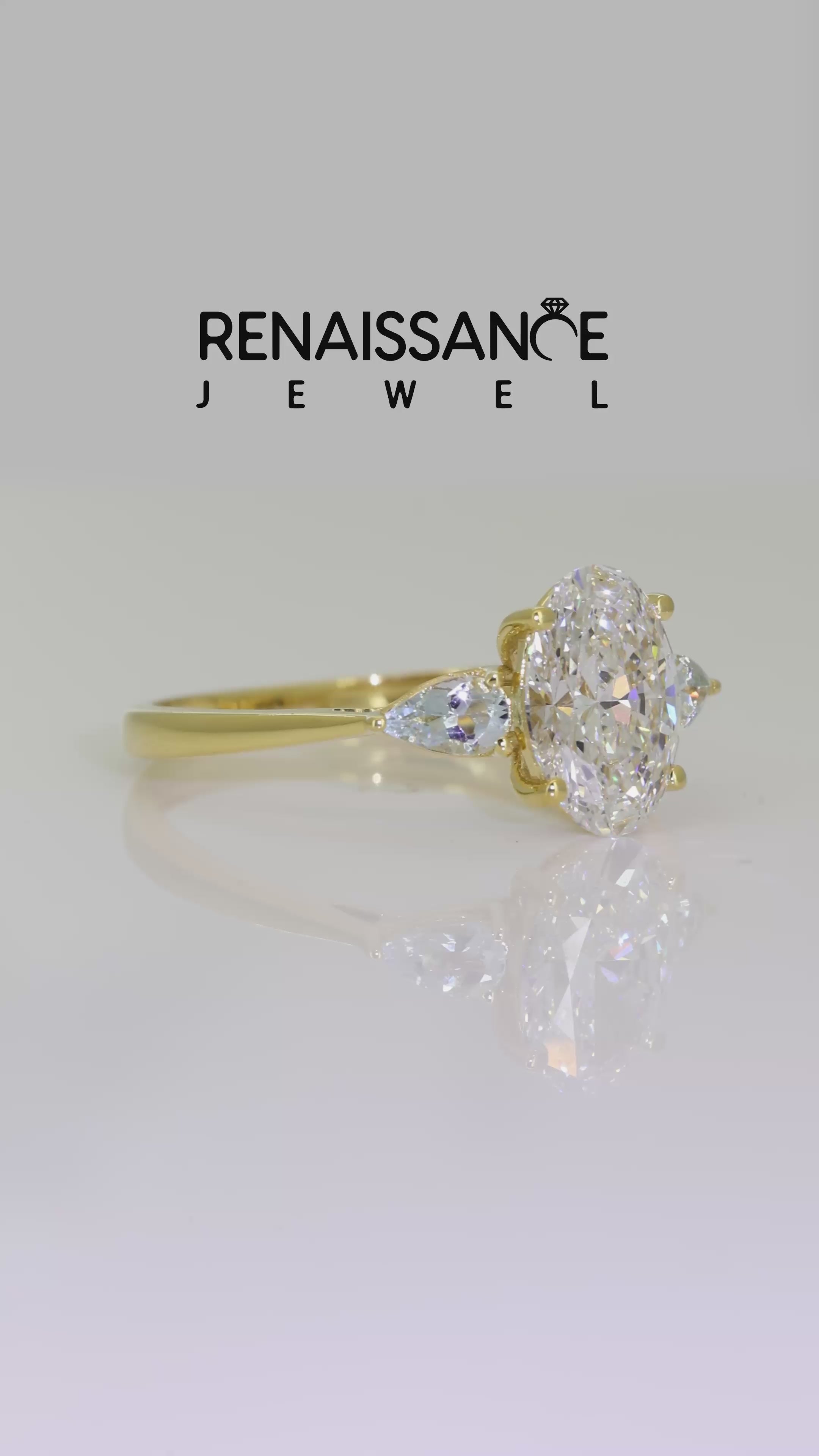 Yellow gold Oval Cut Diamond Three-Stone Ring with Pear Aquamarine Side Stones and Prong Setting_15