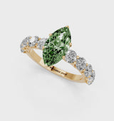 Yellow gold Fancy Green Marquise Cut Diamond Prong Setting with Side Stones on a Pave Band