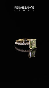 Yellow gold Fancy Green Emerald Cut Diamond Solitaire Ring with Pavé Band and Hidden Halo