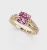Yellow gold Fancy Pink Cushion Cut Diamond Solitaire Engagement Ring with Split Shank Pavé Band