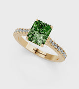 Yellow gold Fancy Green Radiant  Cut Solitaire Diamond Engagement Ring with Pave Band and Four-Prong Setting