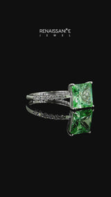 Silver Princess Cut Green Sapphire Solitaire Ring with Round  Pavé Band and Prong Setting