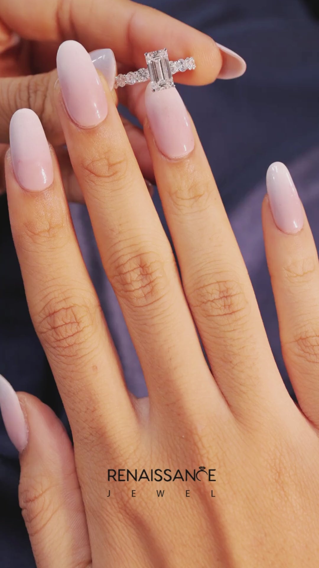 White gold Emerald Diamond Prong Setting with Side Stones on a Pave Band 4