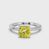 White gold Fancy Yellow Cushion Cut Diamond Solitaire Ring with Six-Prong Setting and Classic Band