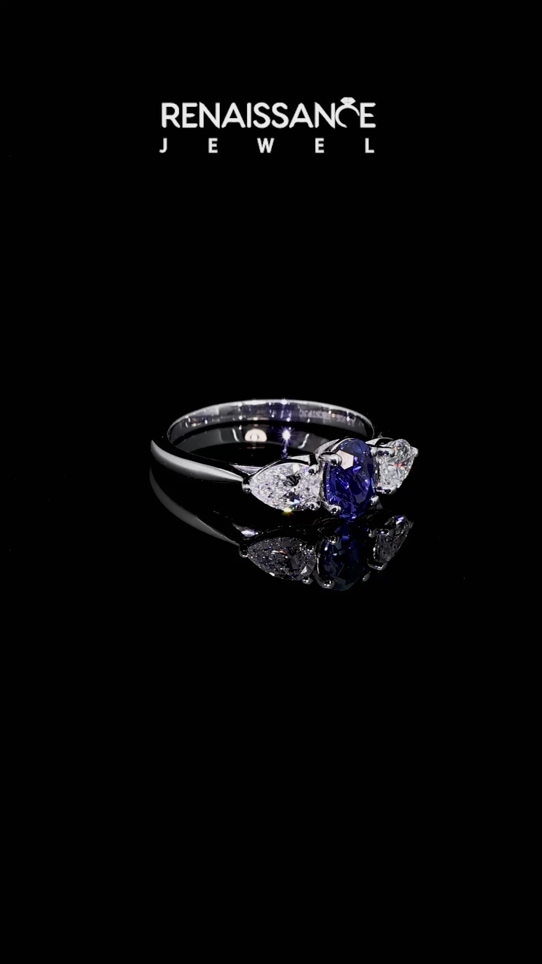 Silver Oval Cut Blue Sapphire Three-Stone Ring with Pear  Side Stones and Prong Setting_12