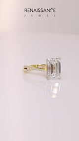 Yellow gold Emerald Cut Diamond Solitaire Engagement Ring with Twisted Pavé Band and Four-Prong Setting