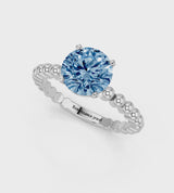Platinum Fancy Blue Round Cut Diamond Solitaire Ring with Beaded Band and Prong Setting
