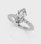 Silver Marquise Cut Diamond Solitaire Ring with Beaded Band and Prong Setting
