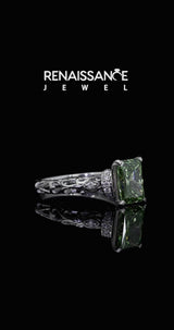 White gold Fancy Green Radiant Cut Diamond Solitaire Ring with Filigree Band and Four-Prong Setting