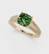 Yellow gold Fancy Green Cushion Cut Diamond Solitaire Engagement Ring with Split Shank Pavé Band