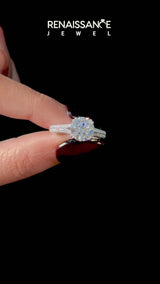 Silver Asscher Cut Diamond Split Shank Engagement Ring with Pavé Band